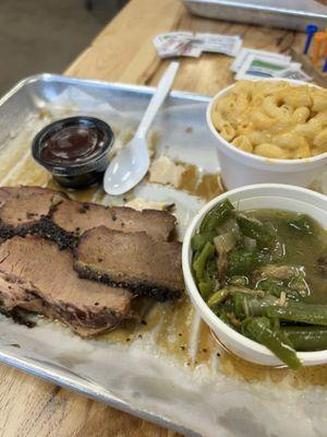 Brisket, green beans, Mac & cheese, bbq sauce