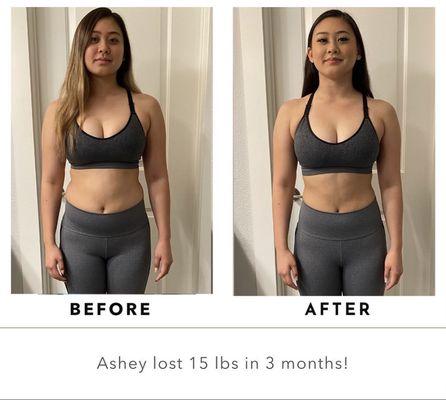 Ashley lost 15lbs in 12 weeks. She worked out 3x a week and followed a nutrition recommendation.