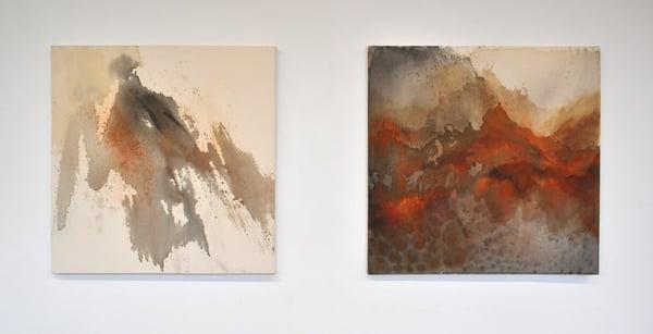 two paintings made from pulverized bricks collected all over Philadelphia