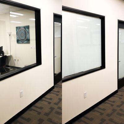 Before and After of an office space transformed with window film.
