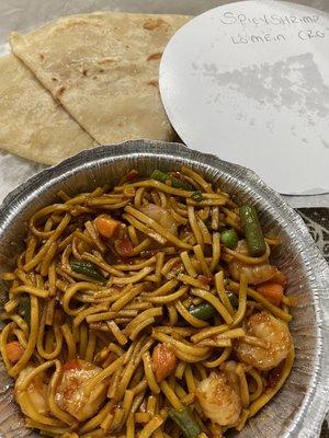 Spicy  shrimp  and Lo Mein. It's good but really spicy!