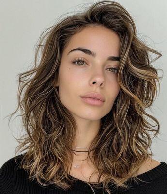 Long bob layered hair cut and balayage highlights