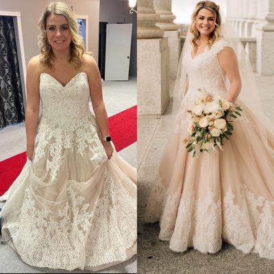 Before and after. Lace hem with custom sleeve build up.