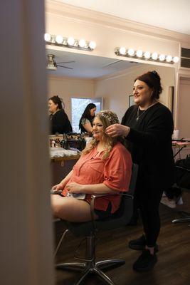Meg getting the Bride ready