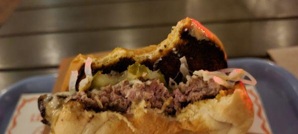 They buns, cheese and patty are a little charred