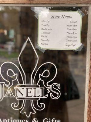 Store front and hours.