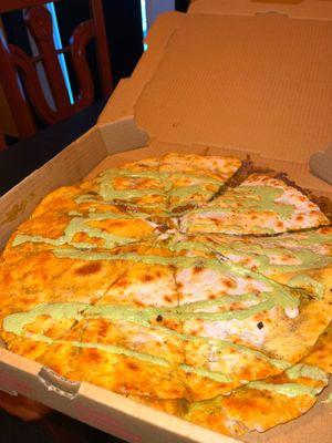 Birria Pizza- Large crispy tortillas, pizza styled, with birria, melted cheese, salsa verde, onions & cilantro