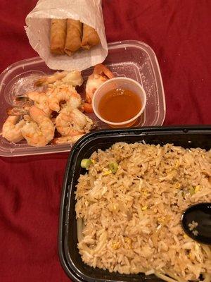 Shrimp fried rice and spring rolls