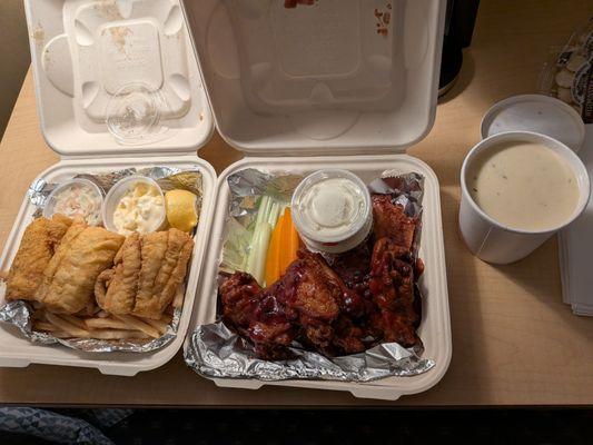 Fish n chips, blueberry wings,clam chowder