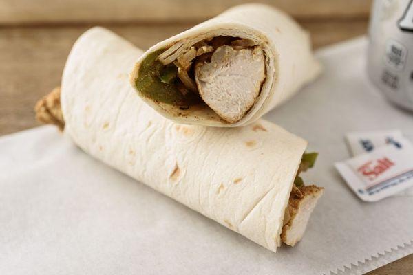 Chicken Wrap:
Grilled Chicken,
Grilled Onions & Bell Peppers,
White or Spinach Wrap,
Half or Full size