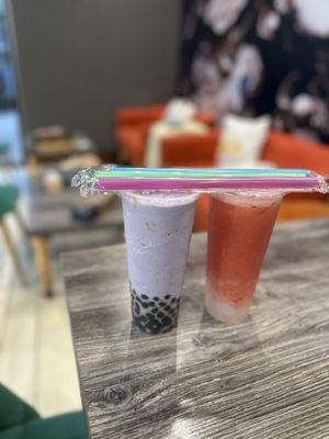 Taro Cloudy minus cheese foam, Strawberry Yakult w lychee jelly