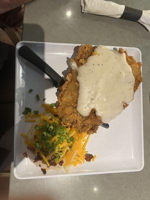 Chicken Fried Steak with gravy and loaded mashed potatoes