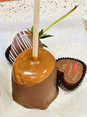 Chocolate covered strawberry, chocolate covered caramel marshmallow, and a Dubai chocolate heart