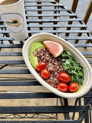 Vegan version of the rise and shine grain bowl: mixed room temp grains & avocado, warm greens & tomatoes, and a grapefruit treat.