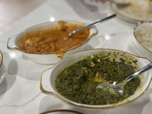 Saag Panerr foreground and Chicken Makhani background