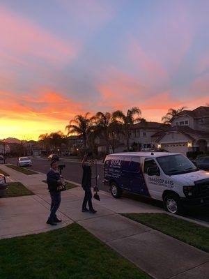 Beautiful sunset and happy technicians after a day of technical drying. We bring peace back to your home!