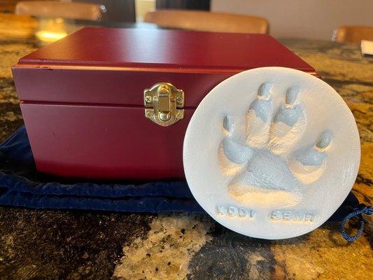 Kodi Bears ashes and paw print