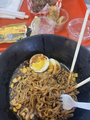 my order - black bean noodles noodles with eggs and corn toppings