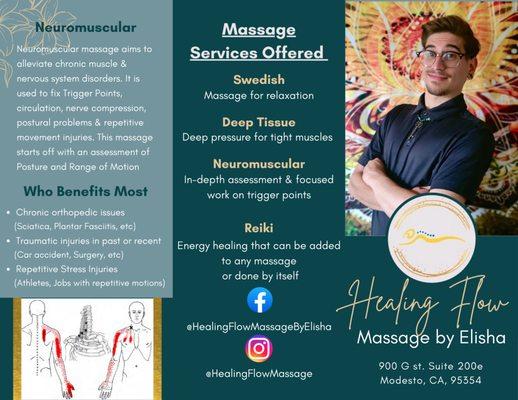 My specialty is Neuromuscular massage but I also offer more relaxing services like Hot Stones and Reiki energy healing