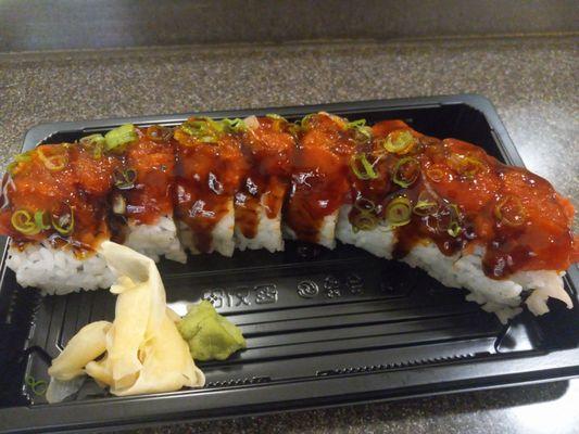 AJs Sushi roll, fresh - Tuna Crunch Roll (requested: not fried). Beautiful roll.