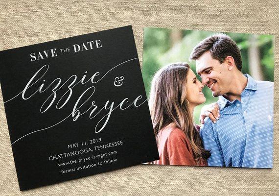 White print on black paper double thick square Save the Date