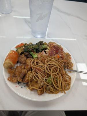 Cold orange chicken, tough beef, crunchy rice and soggy spring roll