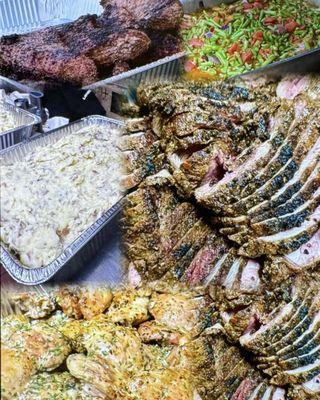 Tri Tip, Garlic Chicken, Garlic Mashed Potatoes, Green Beans.