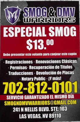 Especial de apertura! Smog $13.00 llame para más información.