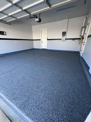 Midnight flake epoxy garage floor.