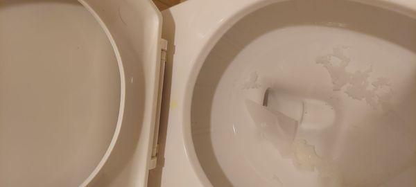 Pee stain on toilet seat and toilet paper in toilet bowl, upon arrival. Before anyone used the toilet.