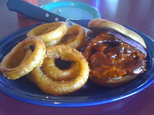 BBQ beef brisket and onion rings
