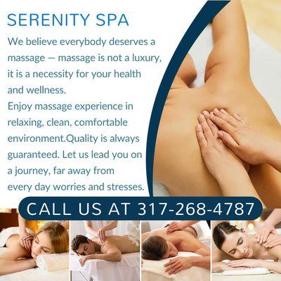 Serenity Spa
132 Perry Rd, Plainfield, IN 46168
Call us at 317-268-4787