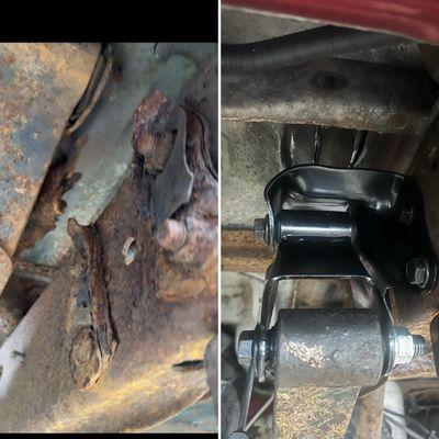 Broken and repaired left rear shackle hanger.