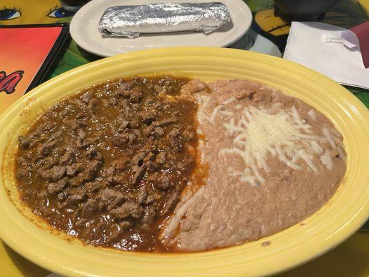 Chile Colorado HOT! They're not kidding. Nevertheless it's delicious with generous amount of meat. Red sauce flavor is excellent.