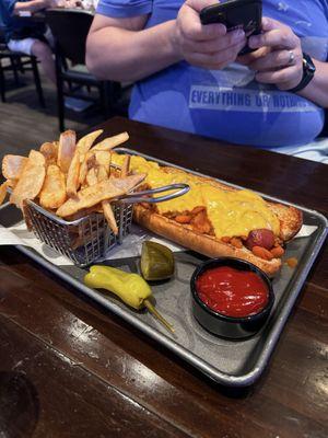Chili dog and fries; yum!