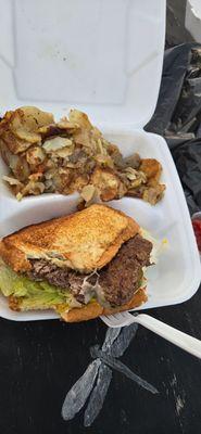 Cheeseburger and homestyle potatoes
