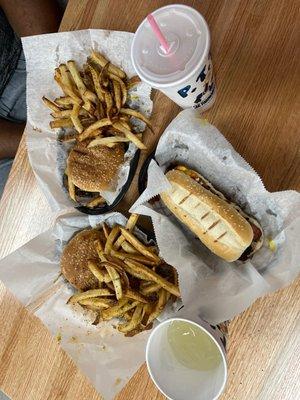 2 olde fashioned burgers and 1 PT dog (made however you like) + homemade lemonade