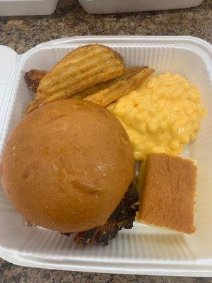 Pulled pork, Mac n cheese, fries, cornbread