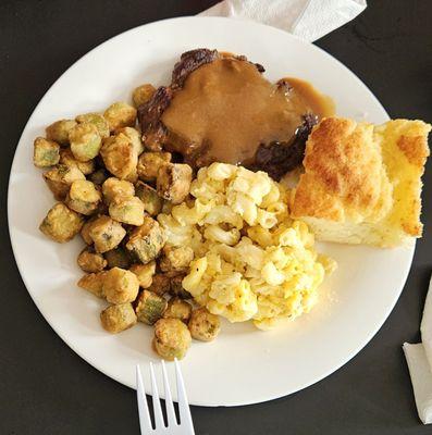 Hamburger steak, Fried Okra, Mac & cheese