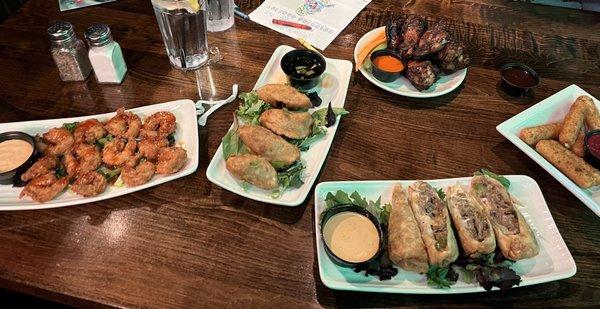 Shrimp, dumpling, roasted wings, steak m cheese, Mozzarella Sticks