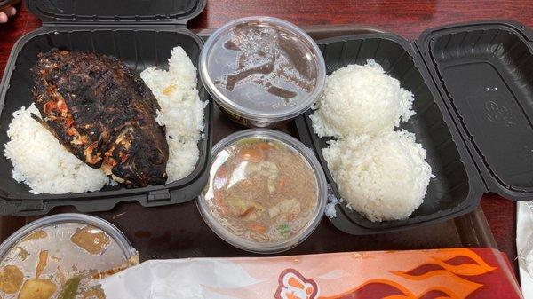 For 3 people: grilled tilapia + pancit, dinuguan + igado, chicken bbq (buy 4 get 1 free), longanisa. $60!
