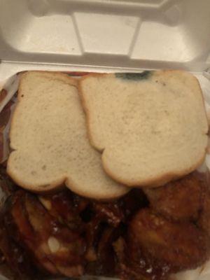 Mold on the bread. Large rib tips wing combo. Never again