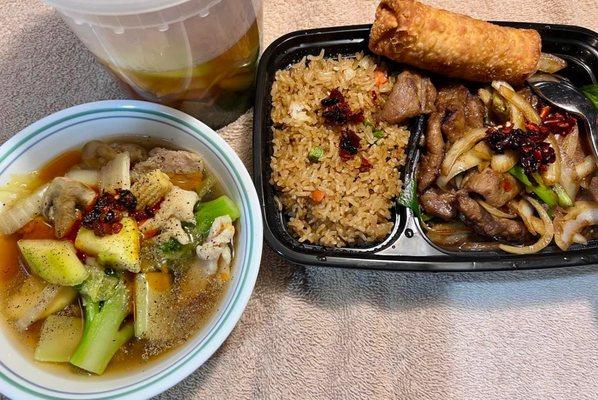 House Special Soup and Mongolian Beef Combination plate with egg roll and fried rice. And I add my very own garlic oil to all my dishes.
