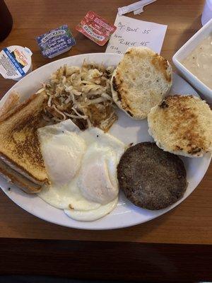 Biscuits gravy eggs and hash browns with sausage. It was great, highly recommended