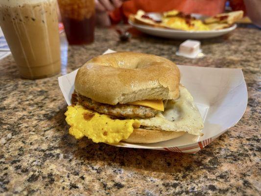 Sausage, egg, and cheese bagel sandwich
