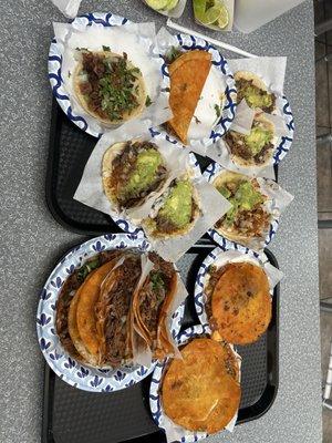 Quesabirria. Birria taco. Carne asada taco. Tripa taco and carne asada taco.