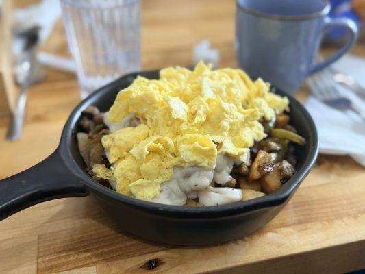 Country skillet with scrambled eggs.