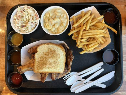 3 meats, coleslaw, reg fries and various sauces ( pickle, habanero mango, Dijon, spicy bbq)