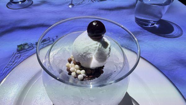 Ice Cream Sundae - Ricotta Gelato, Sponge Cake, Coco Nibs and Almond Crumble, Valrhona Chocolate Sauce and Cherry