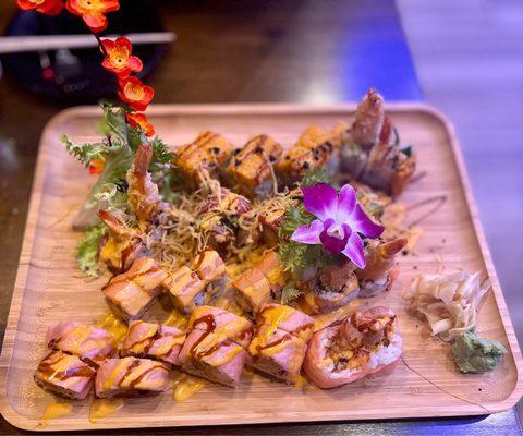 Front to back: Royal King Roll, Dunwoody Roll (without cream cheese), Beauty and Beast Roll (without cream cheese), and Super Crunchy Roll